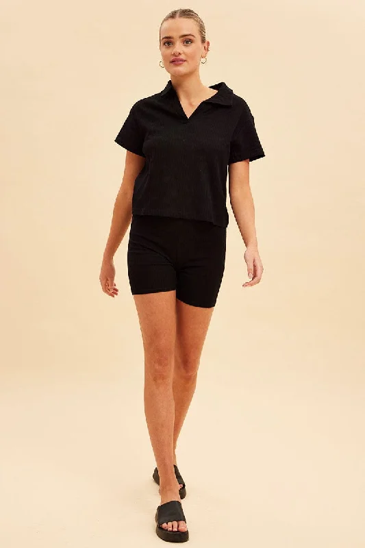 Black Prea Rib Polo Short Sleeve Tee