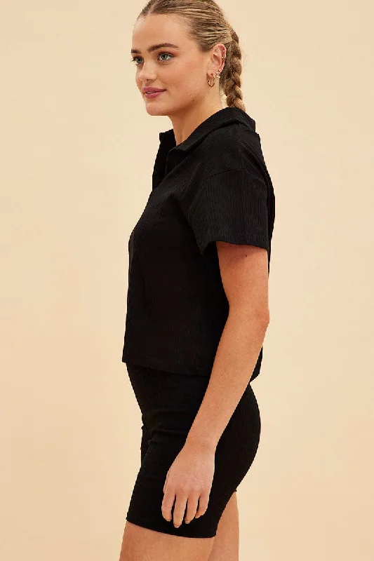 Black Prea Rib Polo Short Sleeve Tee