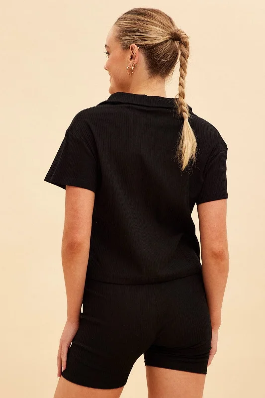 Black Prea Rib Polo Short Sleeve Tee