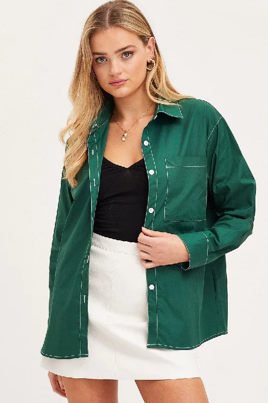 Green Oversized Shirts Long Sleeve Collared