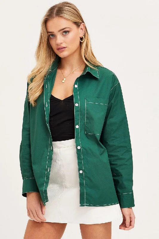 Green Oversized Shirts Long Sleeve Collared