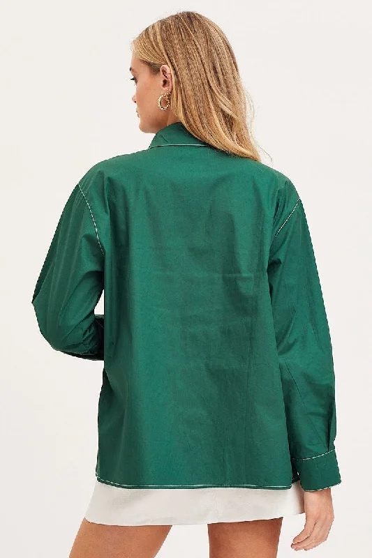 Green Oversized Shirts Long Sleeve Collared