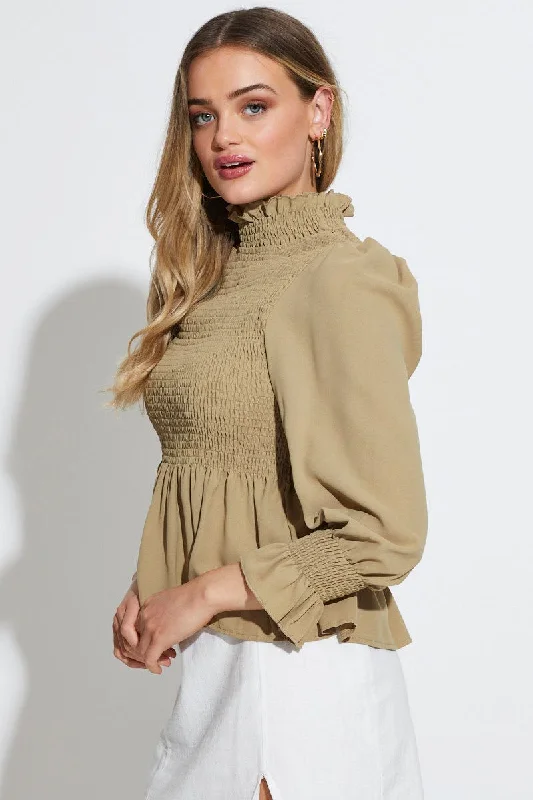 Green Workwear Blouse Long Sleeve Turtleneck