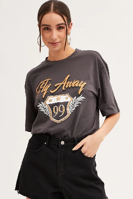 Grey T Shirt Short Sleeve Crew Neck Fly Away Cotton