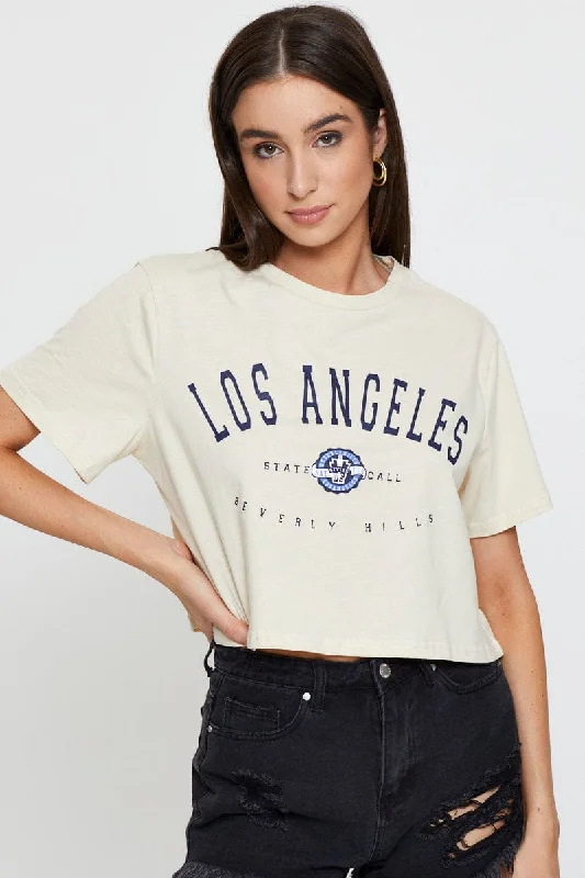 Beige Graphic T Shirt Short Sleeve Crop