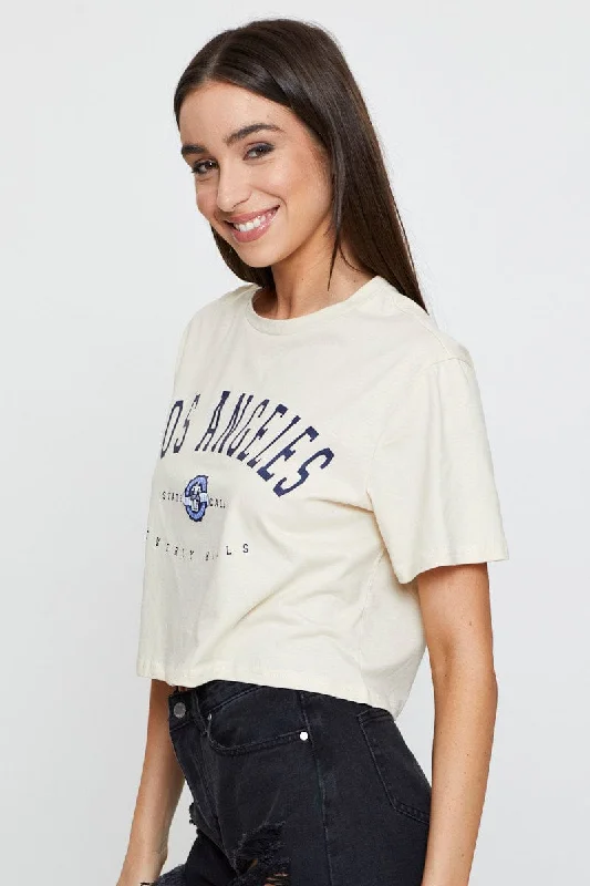 Beige Graphic T Shirt Short Sleeve Crop