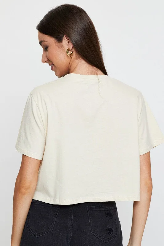 Beige Graphic T Shirt Short Sleeve Crop