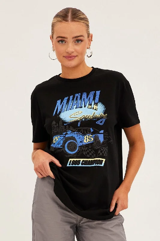 Black Cotton Jersey Short Sleeve Miami Graphic Tee