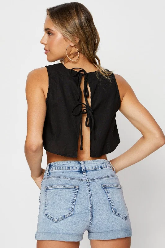 Black Singlet Top Sleeveless Crop Linen