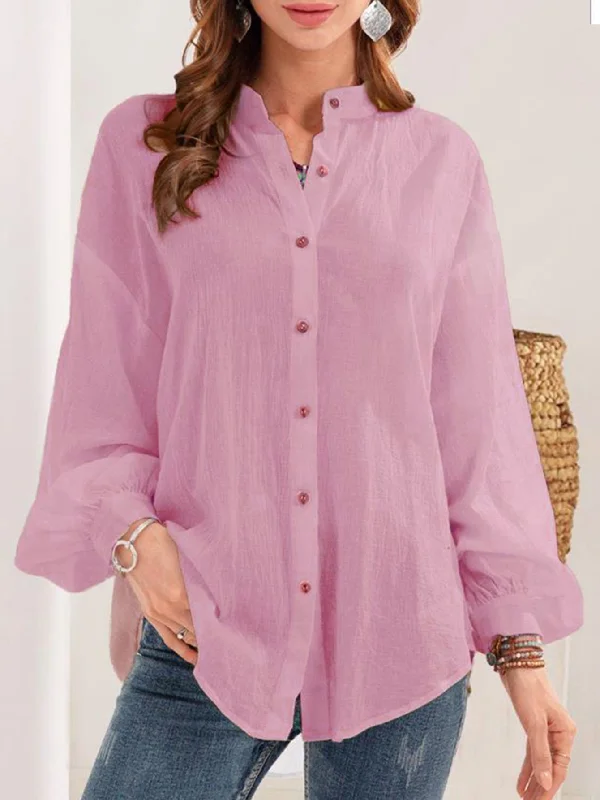 MegaBetty - Solid color long sleeve button blouse