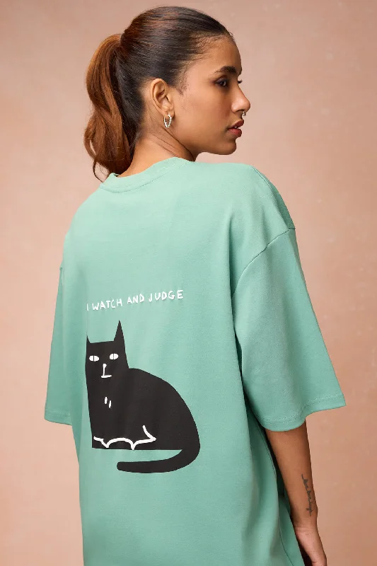 Women's I Watch And Judge Cat Green T-Shirt