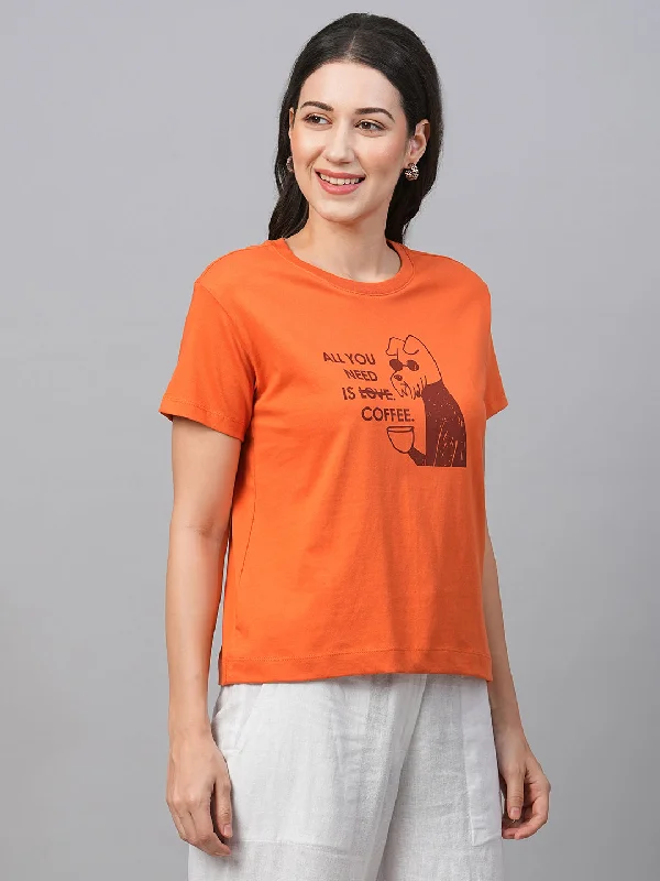 Women's Rust Cotton Regular Fit Tshirts