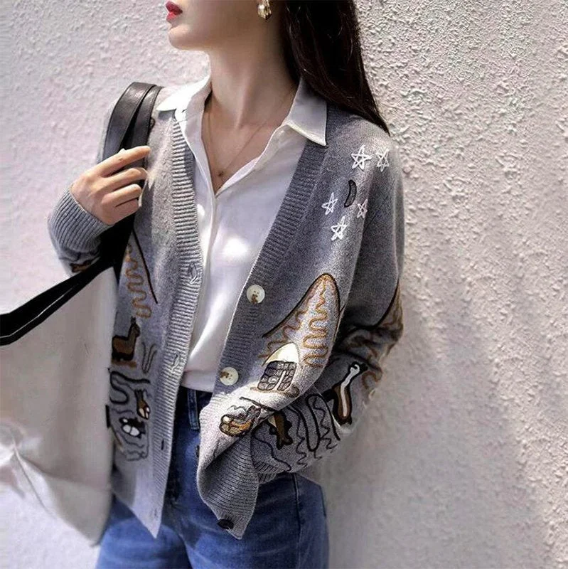 Long Sleeve Knitted Graffiti Casual Cardigan