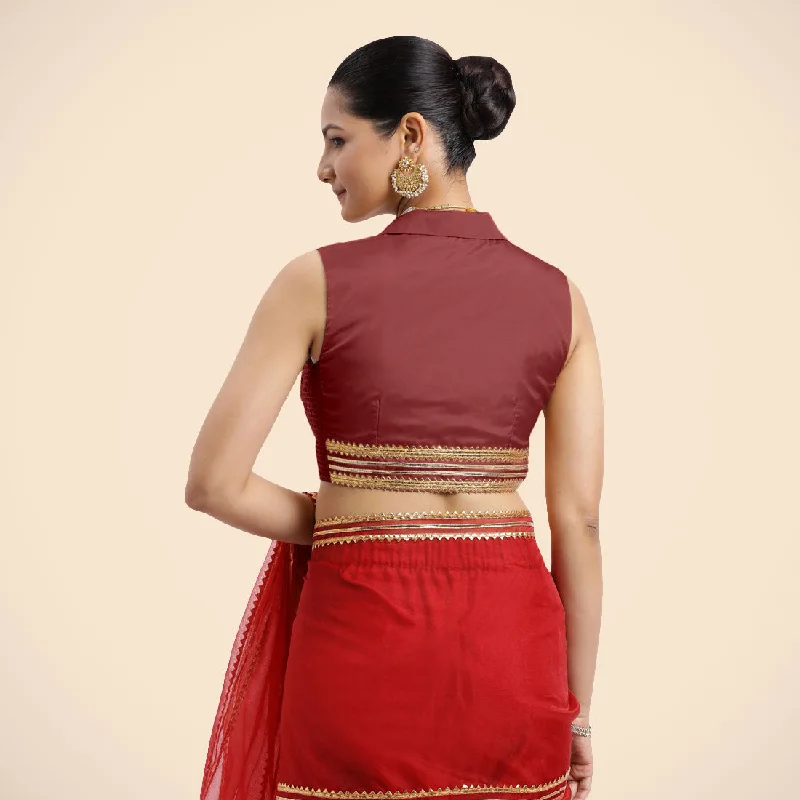 Avni x Tyohaar | Auburn Red Sleeveless FlexiFit™ Saree Blouse with Elegant Shawl Collar with Golden Gota Lace Embellishment