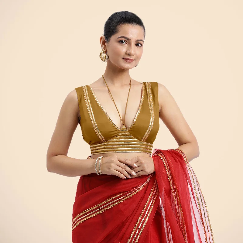 Ahana x Tyohaar | Bronze Gold Sleeveless FlexiFit™ Saree Blouse with Plunging Neckline and Back Cut Out with Tasteful Golden Gota Lace Embellishment