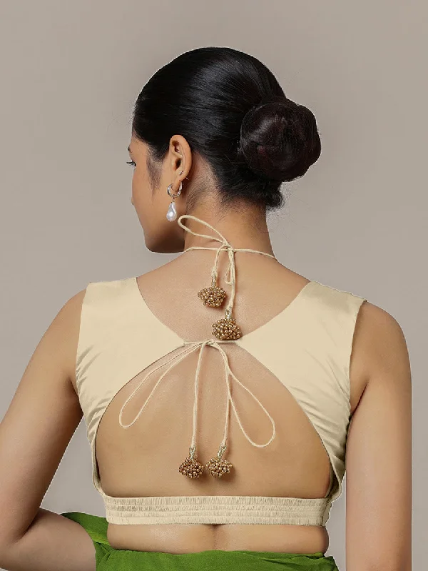 Ahana x Rozaana | Cream Sleeveless FlexiFit™ Saree Blouse with Plunging Neckline and Back Cut Out with Tie-up