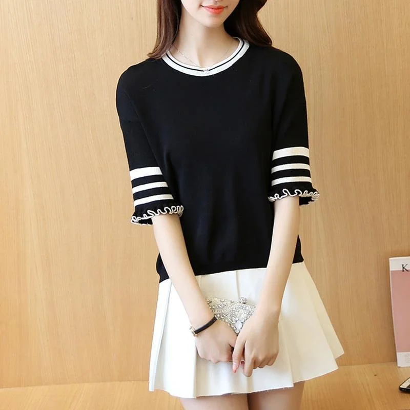 Women Casual Ruffled Half Sleeve Knitted Shirts & Tops