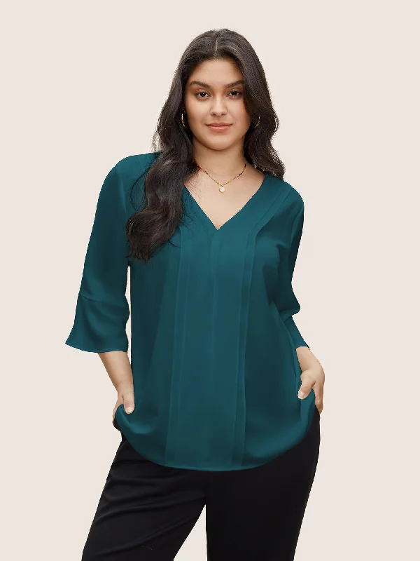 V Neck Plain Ruffles Pleated Blouse