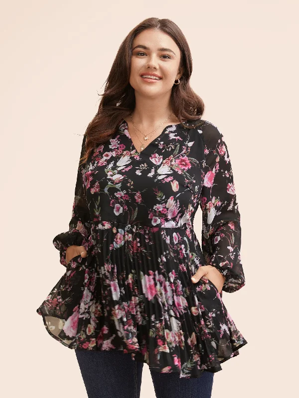 Chiffon Floral Pleated Pocket Blouse