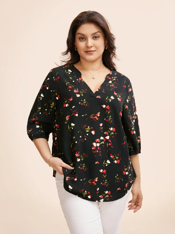 Floral Notched Pleated Lantern Sleeve Blouse