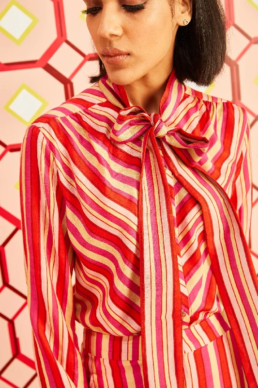 Happy Stripes Bow Shirt in Handloom Organic Banana Silk