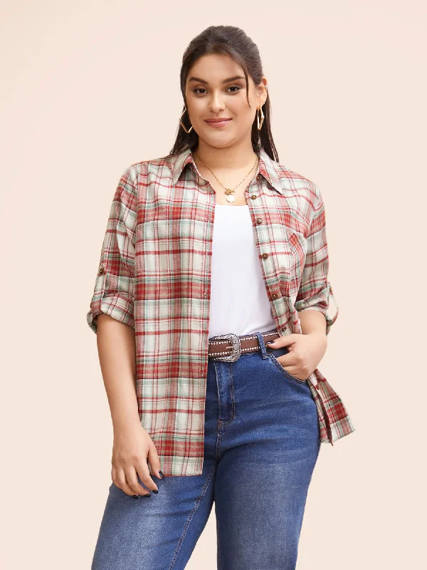 Plaid Patched Pocket Curved Hem Blouse