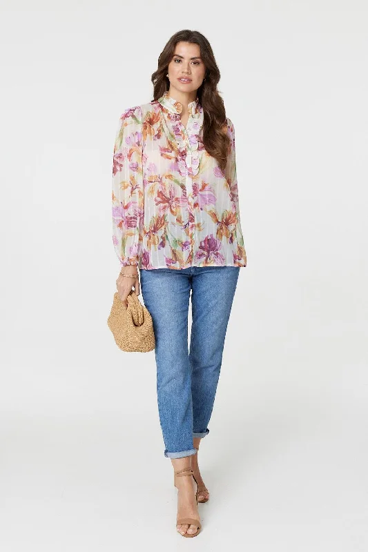 Floral High Neck Long Puff Sleeve Blouse