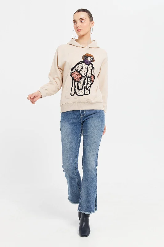 Women Beige Printed Hooded Sweatshirt