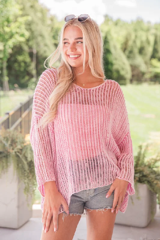 Don't Keep Me Waiting Pink Washed Open Knit Sweater