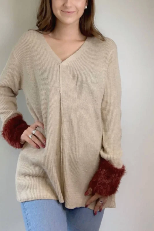 V Neck Sweater With Fur Accent Cuffs In Camel And Rust