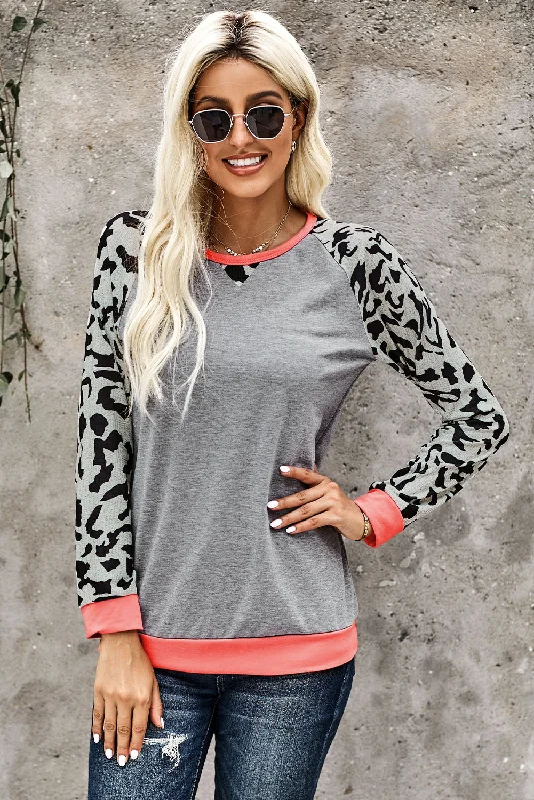 KittenAlarm - Women's Fashion Leopard Color Block Pullover Long Sleeve Crewneck Sweatshirt