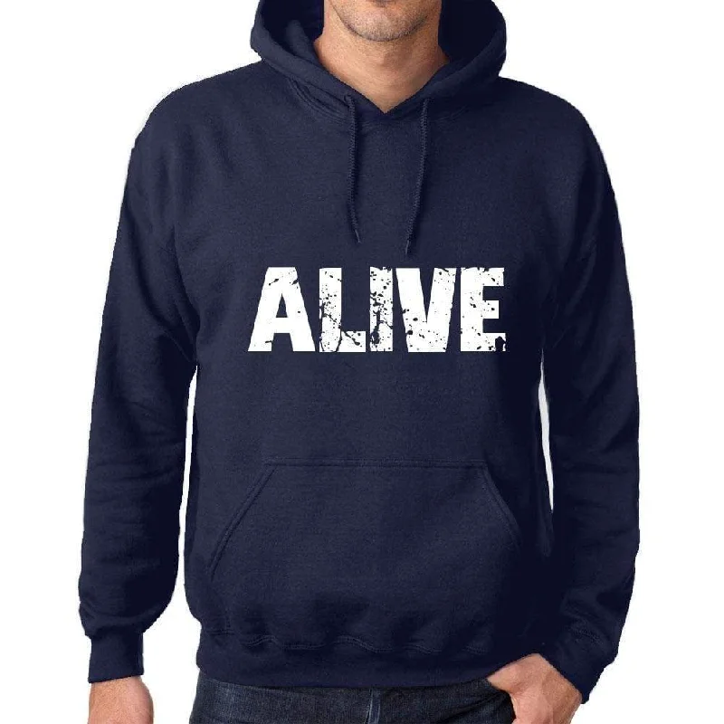 Unisex Printed Graphic Cotton Hoodie Popular Words ALIVE French Navy