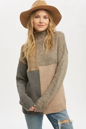 Color Block Mock Neck Sweater