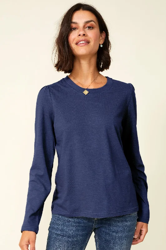 Long Sleeve Puff Shoulder T-Shirt | Navy