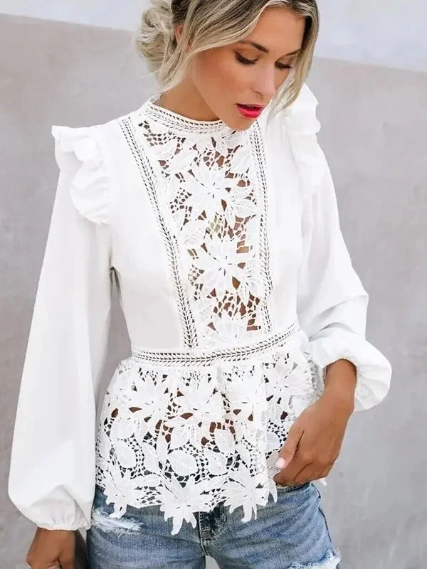 Women's Long Sleeve Floral Lace White Hollow Back Summer Beach Elegant Party Shirt Blouse