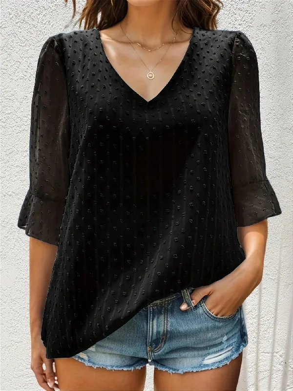 FashionSierra - Summer Basic Fashion Casual V Neck Half Sleeve Ladies Solid Color Blouse