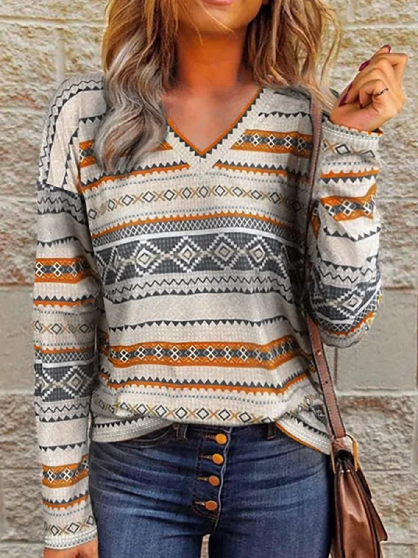 FashionSierra - Chic Basic Geometric Printed Knitted V Neck Full Long Sleeve Blouse