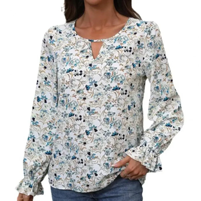 Women Blouse Office Lady Shirt Floral Print Elegant V-neck Blouse