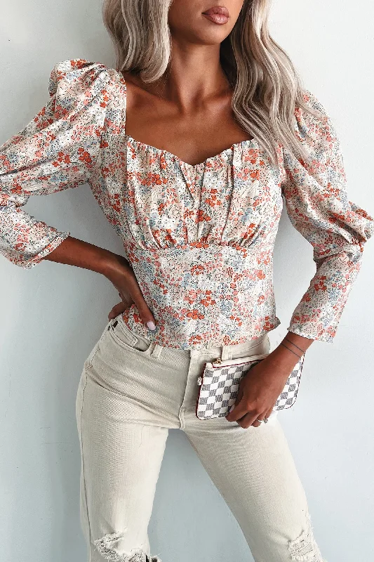 Floral Finale Printed 3/4 Sleeve Top (Cream Multi)