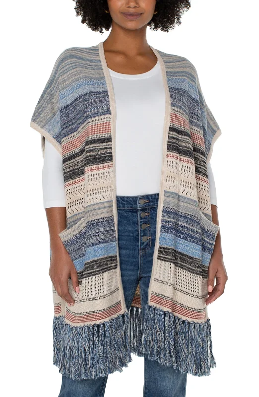 Liverpool Sleeveless Cardigan Sweater w/Fringe (Blue Multi)