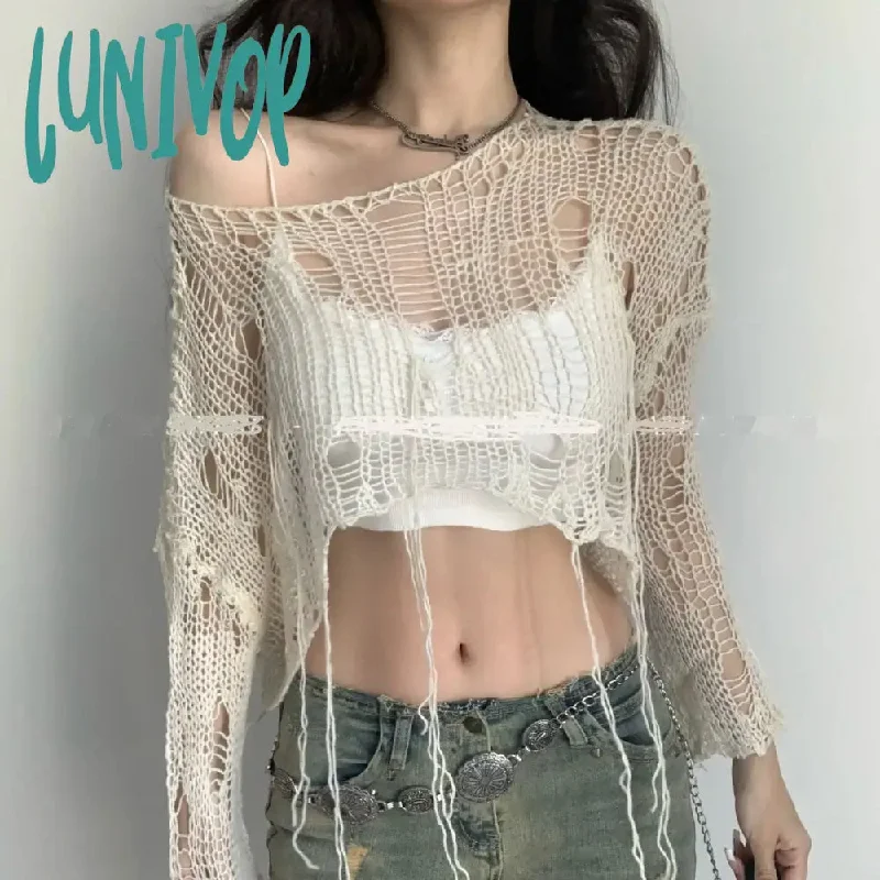 Lunivop  Y2K Women's Knit Tshirt Hollow Out Knitwear Cropped Sweater Spring Short Networks Jumper Vintage Gyaru Korean Fashion