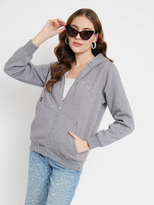 Madame Solid Grey Hooded Sweatshirt