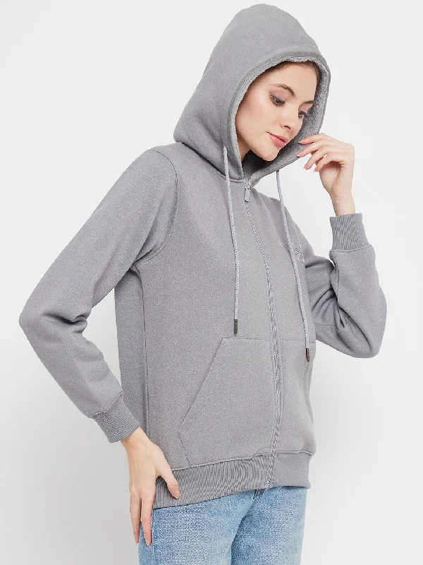 Madame Solid Grey Hooded Sweatshirt