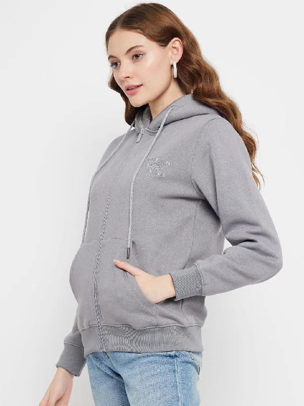 Madame Solid Grey Hooded Sweatshirt