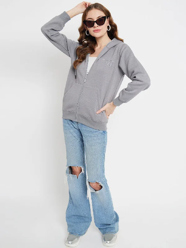 Madame Solid Grey Hooded Sweatshirt