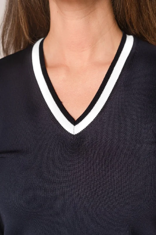 Navy/White Stretch V-Neck Sweater