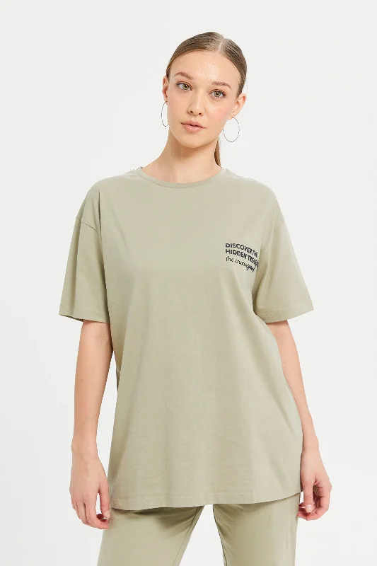 Women Olive Oversized T-Shirt With Placement Print