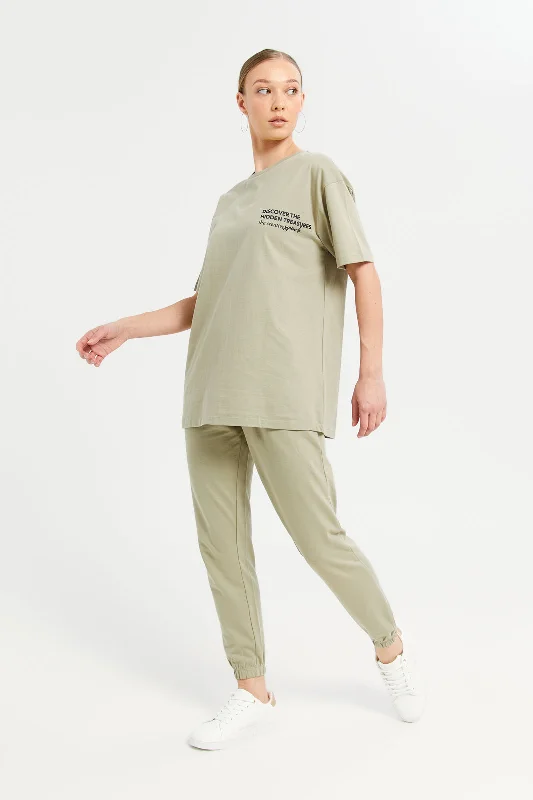 Women Olive Oversized T-Shirt With Placement Print