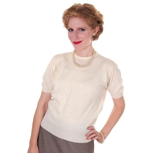 Vintage  Sweater Ivory Short Sleeved Ribbed Waistband Small