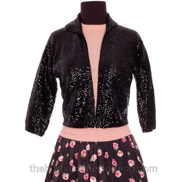 VTG 1950s Sweater Black Saks Fifth Ave  Sequin Shrug Womens S M